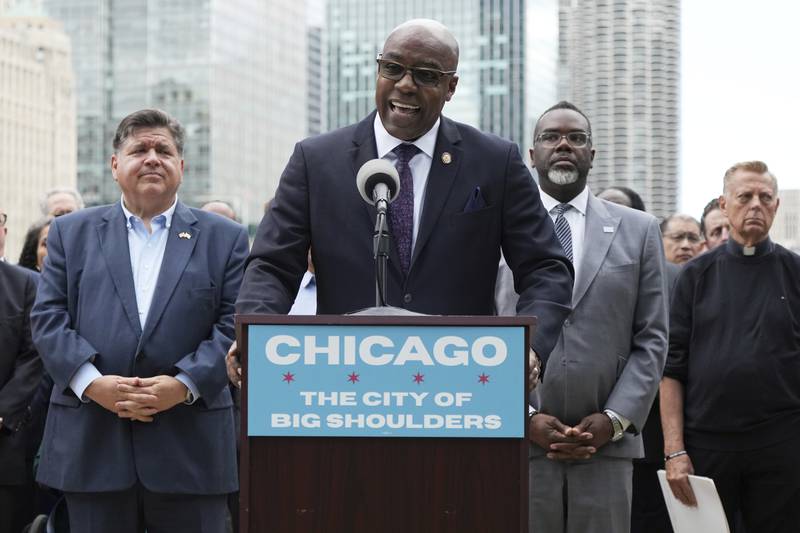 Illinois Attorney General Kwame Raoul speaks during a news conference at River Point Park, Monday, Aug. 25, 2025, in Chicago. (AP Photo/Nam Y. Huh)