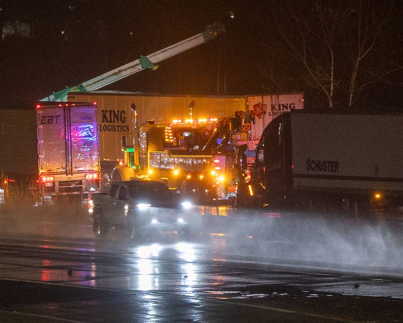 La Salle and Peru First-Responders respond to a ‘flipped over’ Semi Truck on Thursday, January 8, 2026, on westbound Interstate 80 in La Salle.