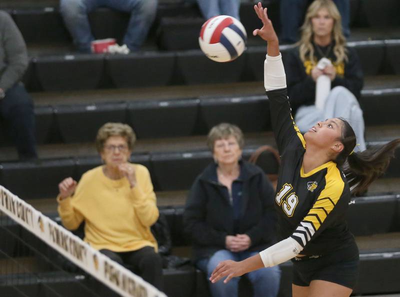 Putnam County's Britney Trinidad spikes the ball during the Class 1A Regional semifinal game on Wednesday, Oct. 29, 2025 at Putnam County High School.
