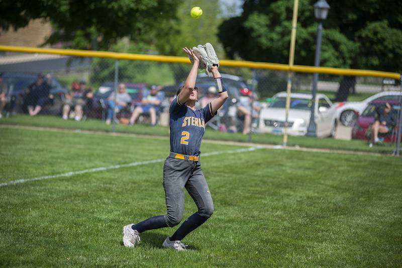 Sterling’s Nevaeh Frey camps up a fly ball in right field against Dixon Saturday, May 28, 2022.