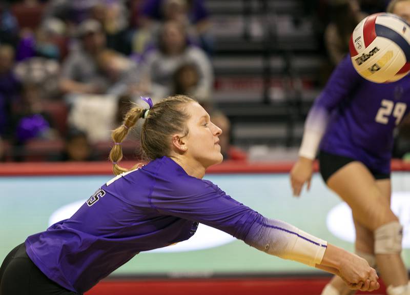 El Paso-Gridley's Addi Hale plays the ball against Timothy Christian Saturday, Nov. 16, 2024, in the Class 2A third place state volleyball match at CEFCU Arena in Normal.