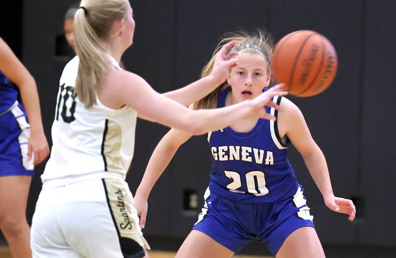 Geneva's Caroline Madden plays defense against Sycamore’s Lexi Carlsen during their game Monday, Nov. 14, 2022, at Sycamore High School.