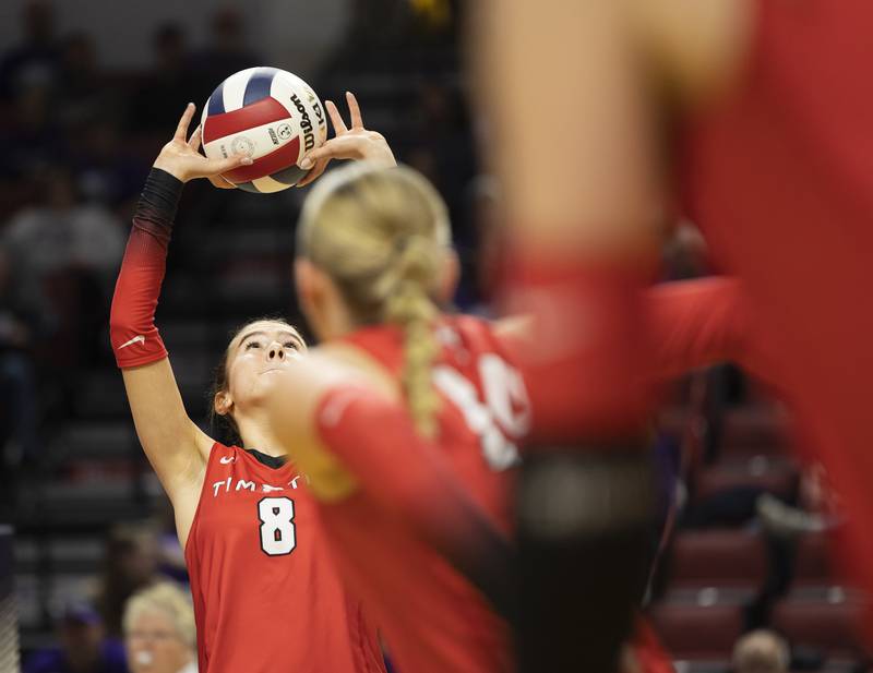 Timothy Christian's Elizabeth Alex sets the ball against El Paso-Gridley Saturday, Nov. 16, 2024, in the Class 2A third place state volleyball match at CEFCU Arena in Normal.