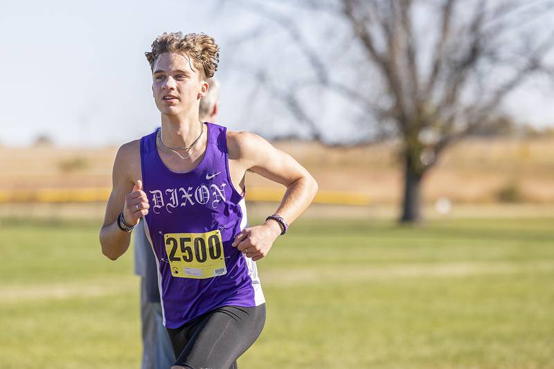 Dixon’s Jack Johnson comes in for a fifth place finish during the Big Northern Conference cross country race at Sauk Valley College Saturday, Oct. 15, 2022.