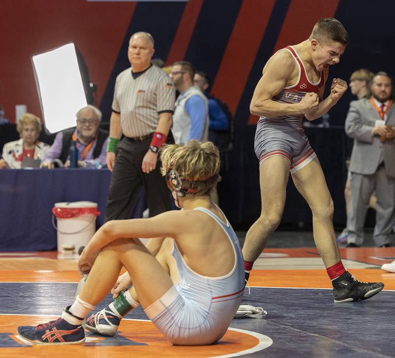 Vandalia’s Max Philpot reacts to beating Marian Central’s Austin Hagevold in the 113 pound weight class of the 1A state individual wrestling finals Saturday, Feb. 22, 2025, at State Farm Center in Champaign.