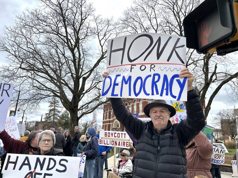 Around 400 people took part in the Hands Off rally held around the historic Ogle County Courthouse in Oregon on Saturday, April 5, 2025. Similar events were held across the United States for people wanting to speak out about recent actions and decisions by President Donald Trump. The event in Ogle County was organized by Indivisible of Ogle County.