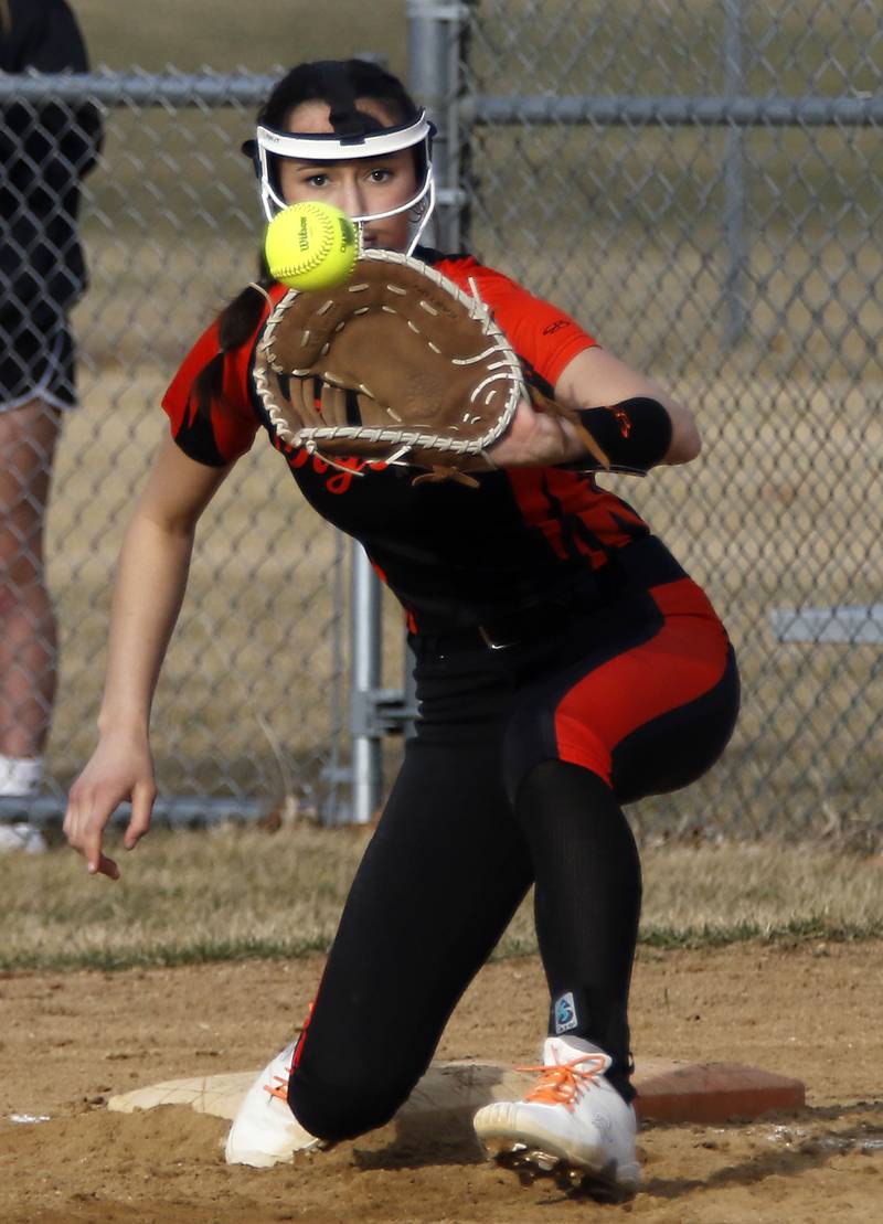 Crystal Lake Central's Lily Perocho catches the ball for a force out at first base during a nonconference softball game against Wauconda on Friday, March 20, 2026, at Crystal Lake Central High School.