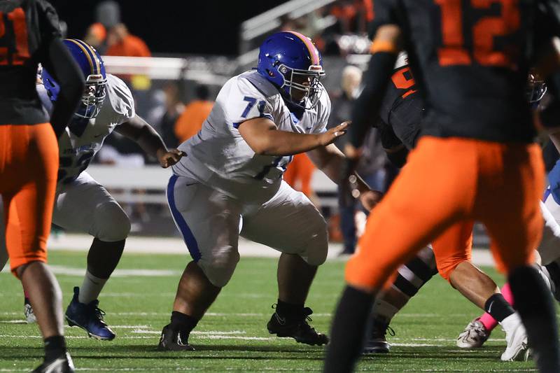 Joliet Central’s Romeo Rojas blocks against Plainfield East on Oct. 4, 20234 in Plainfield.
