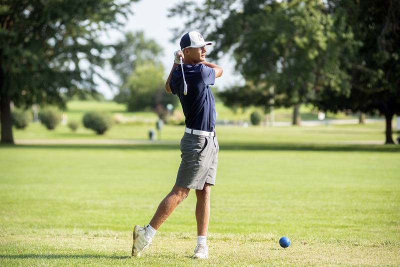 Sterling’s Mason Hubbard drives off the tee on #1 against Rock Falls on Wednesday, Sept. 14, 2022.
