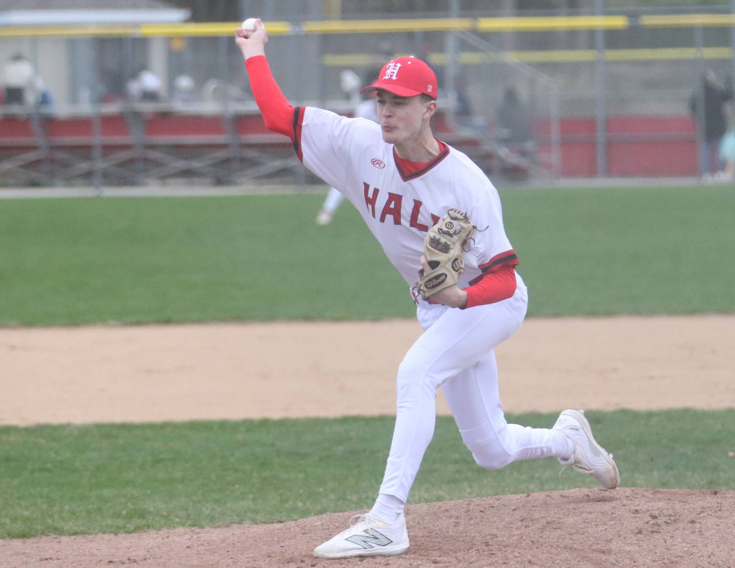 Hall pitcher Clayton Fusinetti lets go of a pitch to Ottawa on Tuesday, April 1, 2025 at Ottawa High School.