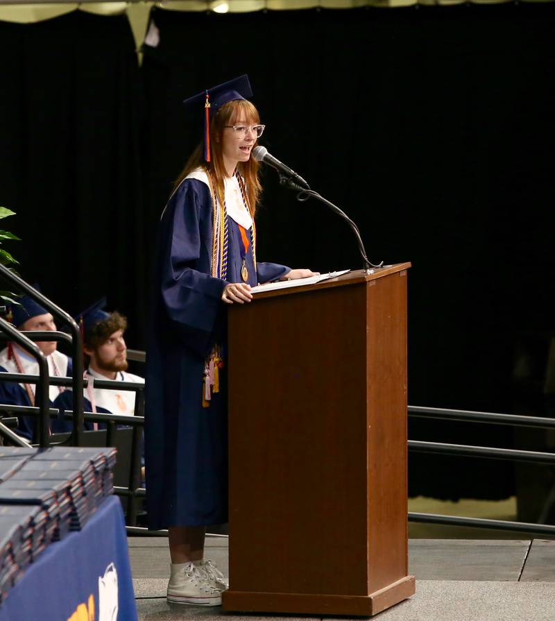 Oswego High School Senior Vice President Natalie Meldon welcomes graduates and their friends and families to the Oswego High School Class of 2024 Commencement Ceremony on Saturday, May 18, 2024 in DeKalb.