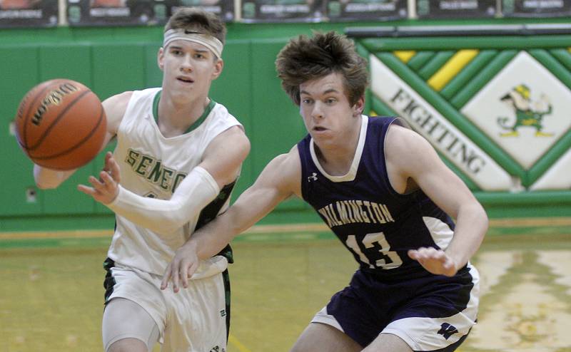 Seneca’s Paxton Giertz (at left), pictured here on Feb. 4, 2023, has received postseason honors from both the Tri-County Conference and the Associated Press.