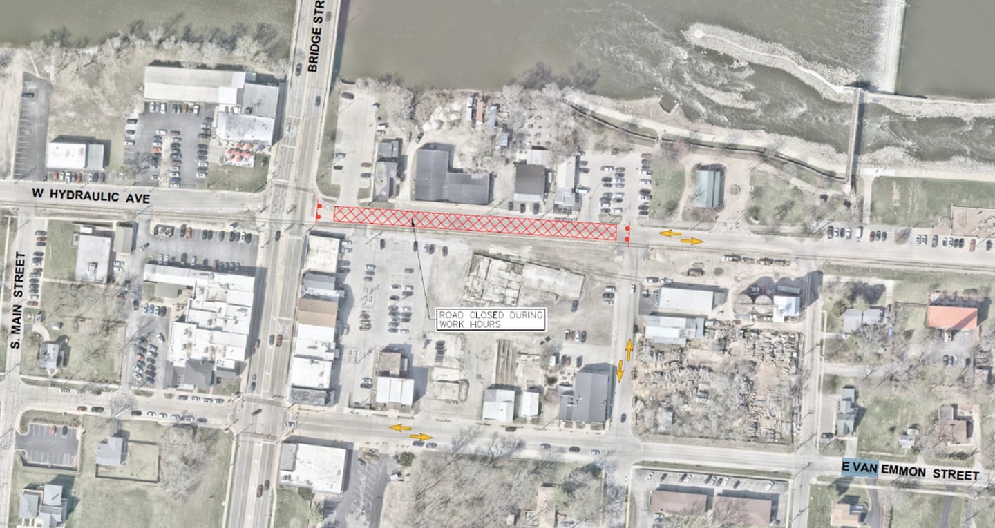 Construction crews are closing East Hydraulic Avenue, east of Illinois Route 47 in Yorkville on Oct. 16-17, and Monday, Oct. 20, 2025.