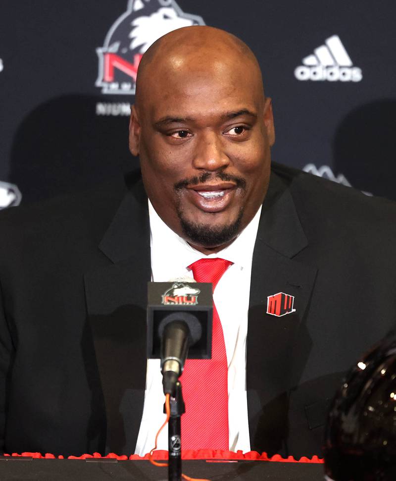 Northern Illinois University head football coach Thomas Hammock answers a question during a press conference Tuesday, Jan. 7, 2025, announcing that NIU football will be joining the Mountain West Conference starting with the 2026 season.