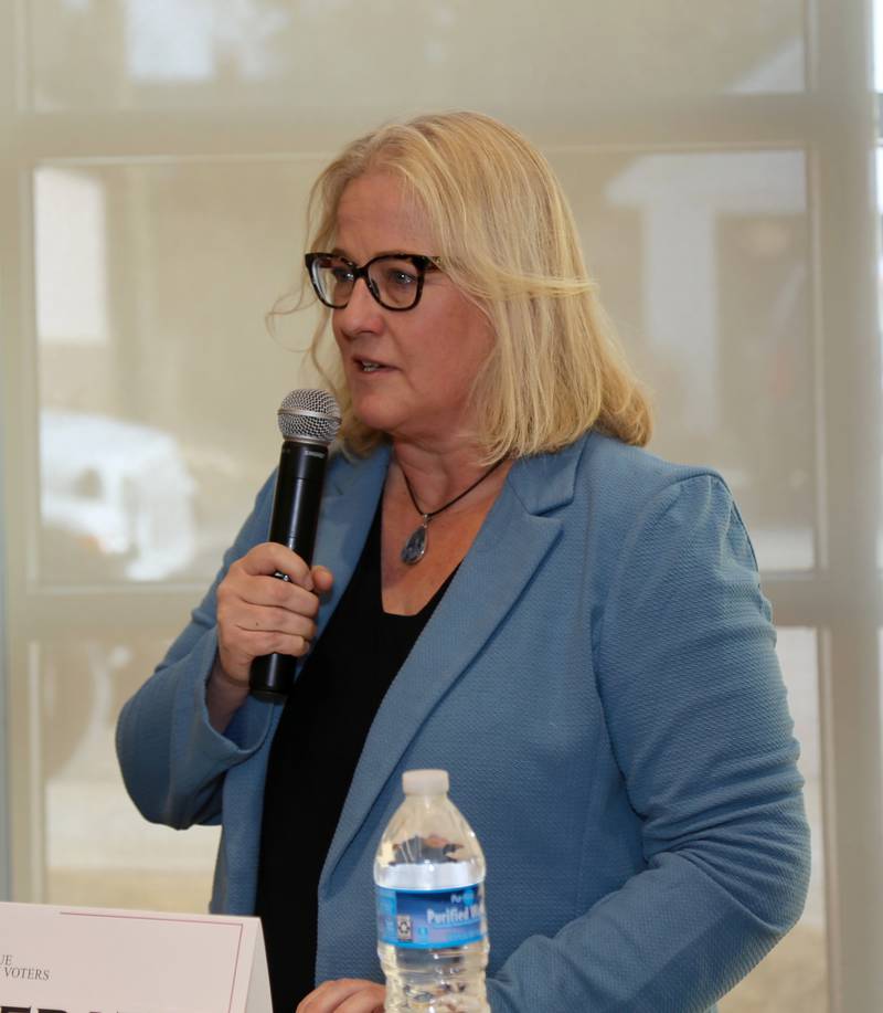 Amy Mayer speaks at the candidate forum hosted by the League of Women Voters of Central Kane County was held on Sunday, Feb. 9, 2025 at the Geneva Public Library.