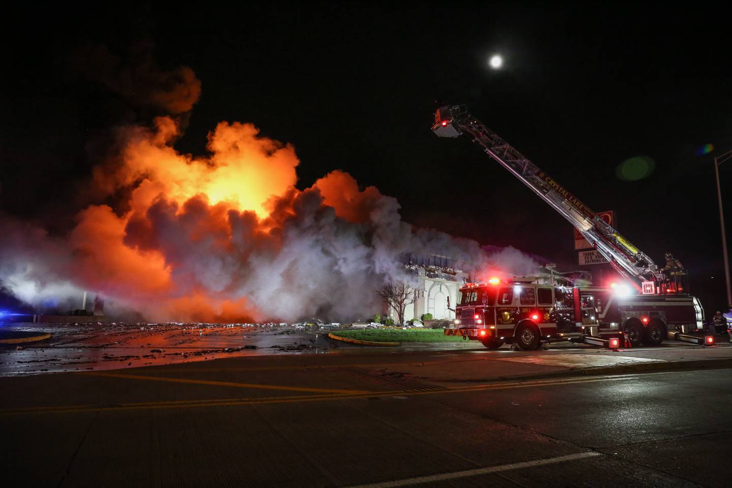 Crews responded to a fire Saturday, April 16, 2022, at D’Andrea Banquets and Conference Center, 4419 Route 14 in Crystal Lake. The building suffered a partial roof collapse and was considered a total loss, fire officials said.