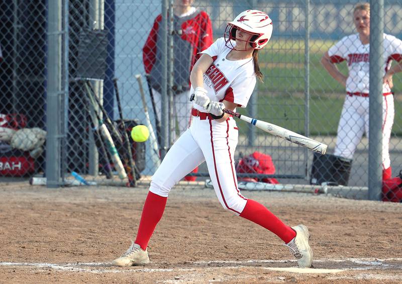 Oregon's Kaelin Shaffer takes a cut during their game against the Cogs Tuesday, April 9, 2024, at Genoa-Kingston High School.