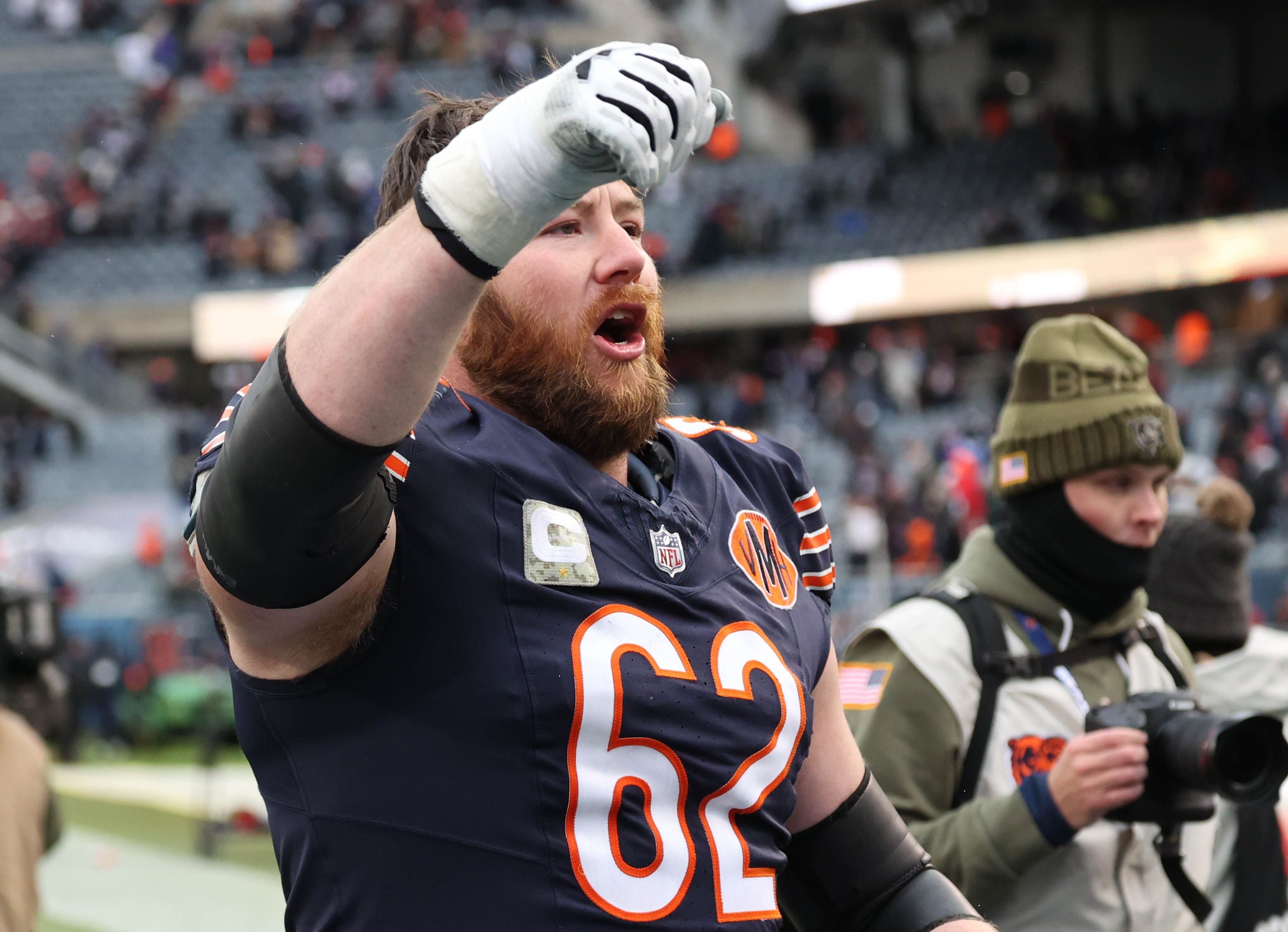 Chicago Bears guard Joe Thuney celebrates Sunday, Nov. 9, 2025, after their 24-20 win over the New York Giants at Soldier Field in Chicago.