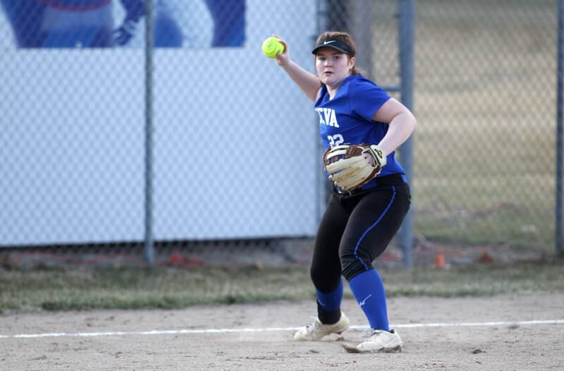 Geneva’s Regan Krohe throws to first during a game at West Aurora during a home game on Wednesday, March 16, 2022.