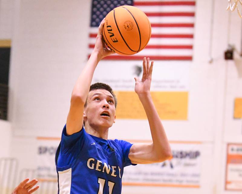 Geneva's Kyle Suger (11) takes a shot during the game on Tuesday Jan. 6, 2025, while traveling to take on Glenbard North.