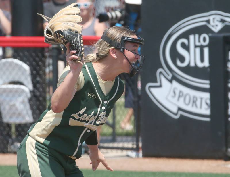 St. Bede pitcher Ella Hermes reacts after winning the Class 1A State semifinal game against Goreville on Friday, June 2, 2023 at the Louisville Slugger Sports Complex in Peoria.