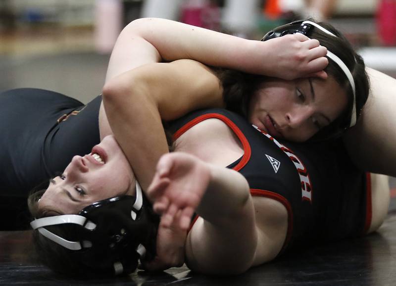 Morris’ Zara Lugo tries to pin Huntley’s Albina Ramadani in the 125-pound match of a nononference wrestling meet on Wednesday, Jan. 22, 2025, at Huntley High School.