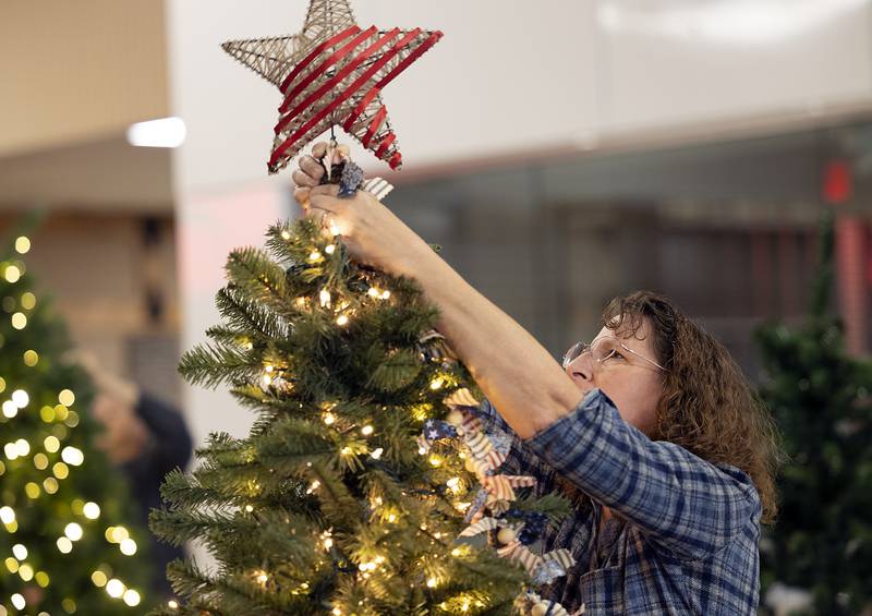 Dawn Waite of Sterling tops her tree with a star Sunday, Nov. 17, 2024, at the Northland Mall. Waite was decorating a tree sponsored by Northern Illinois Veterinary Services.