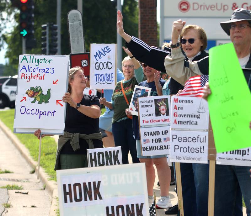 Crowds gathered for the “Good Trouble Lives On” protest along Route 14 in Crystal Lake on Thursday, July 17, 2025.