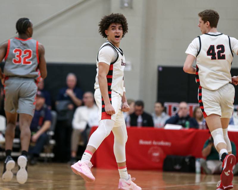 Benet's Jayden Wright (3) celebrates after connecting on a three during their When Sides Collide Shootout basketball tournament matchup between Rich Township at Benet Academy. Jan 25, 2025 in Lisle.