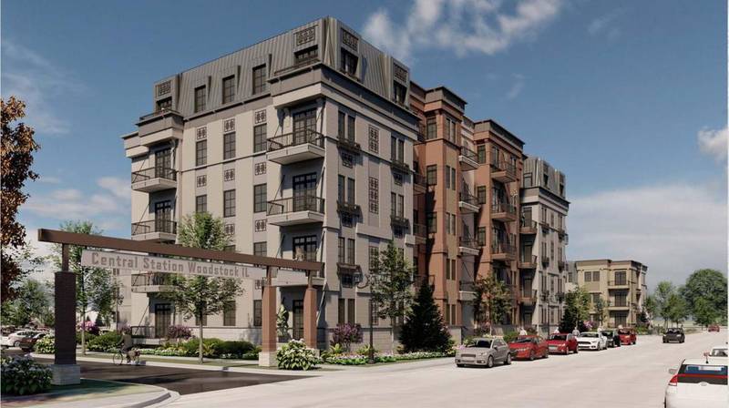 A rendering shows the Central Station apartment complex proposed by Elgin-based Pancor Construction and Development for the former Die Cast site in Woodstock.