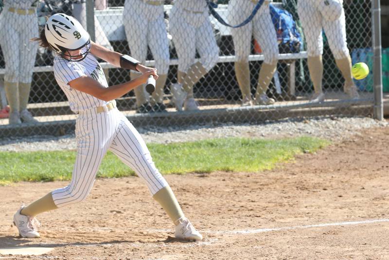 St. Bede's Lili Bosnich smacks a hit against Woodland/Flanagan-Cornell on Monday, April 29, 2024 at St. Bede Academy.