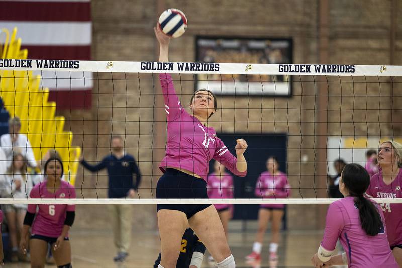 Sterling’s Natalie Eddinger hammers an uncontested shot against Mendota Thursday, Oct. 24, 2024, in Sterling.