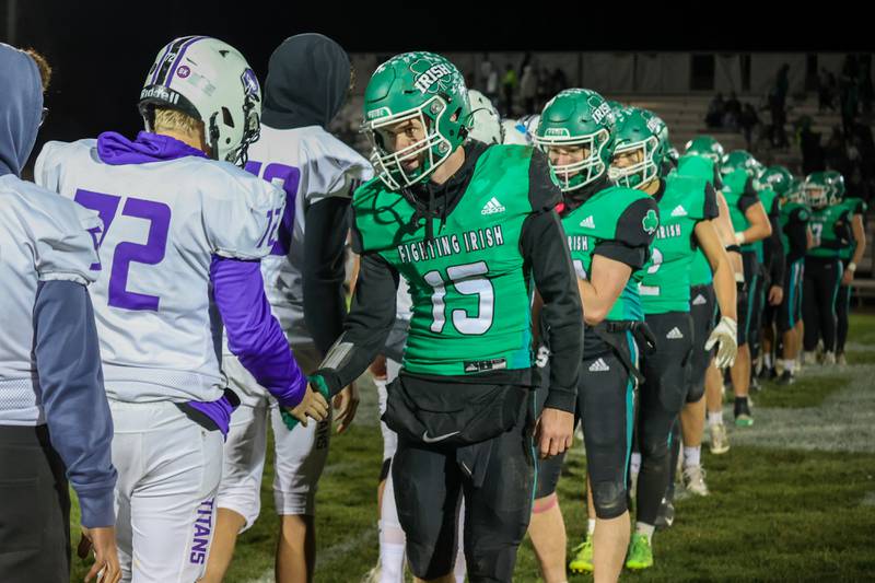 Seneca and El Paso-Gridley teams show sportsmanship after game on Friday, November 1, 2024 at Seneca High School in Seneca.