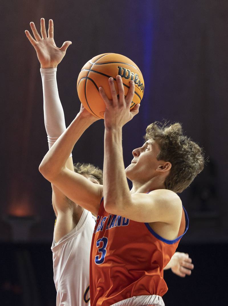 Eastland’s Tanner Stern puts a shot up against Peoria Christian Thursday, March 13, 2025, during the Class 1A boys basketball state semifinal.