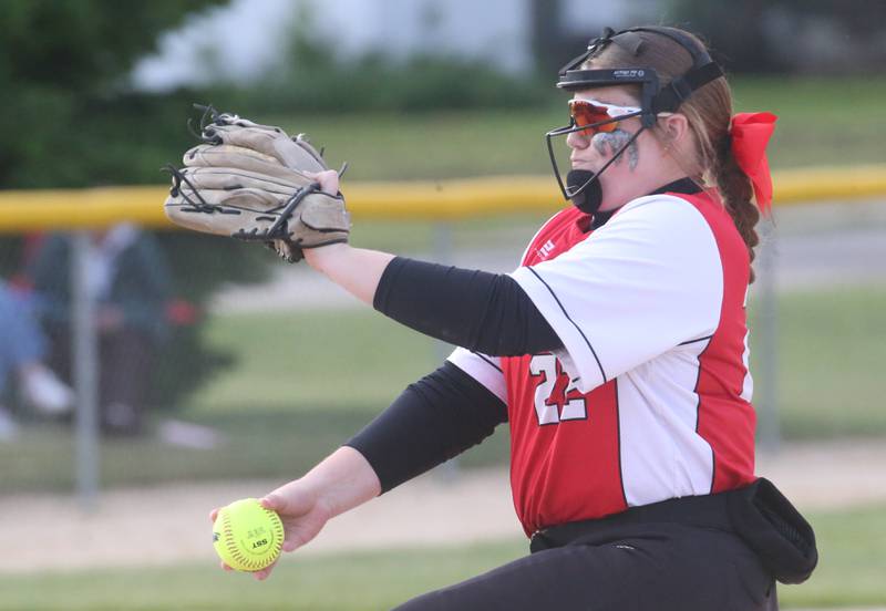 Earlville starting pitcher Addie Scherer lets go of a pitch to Newark during the Class 1A Regional final on Thursday, May 22, 2025 at Indian Creek High School in Shabbona.