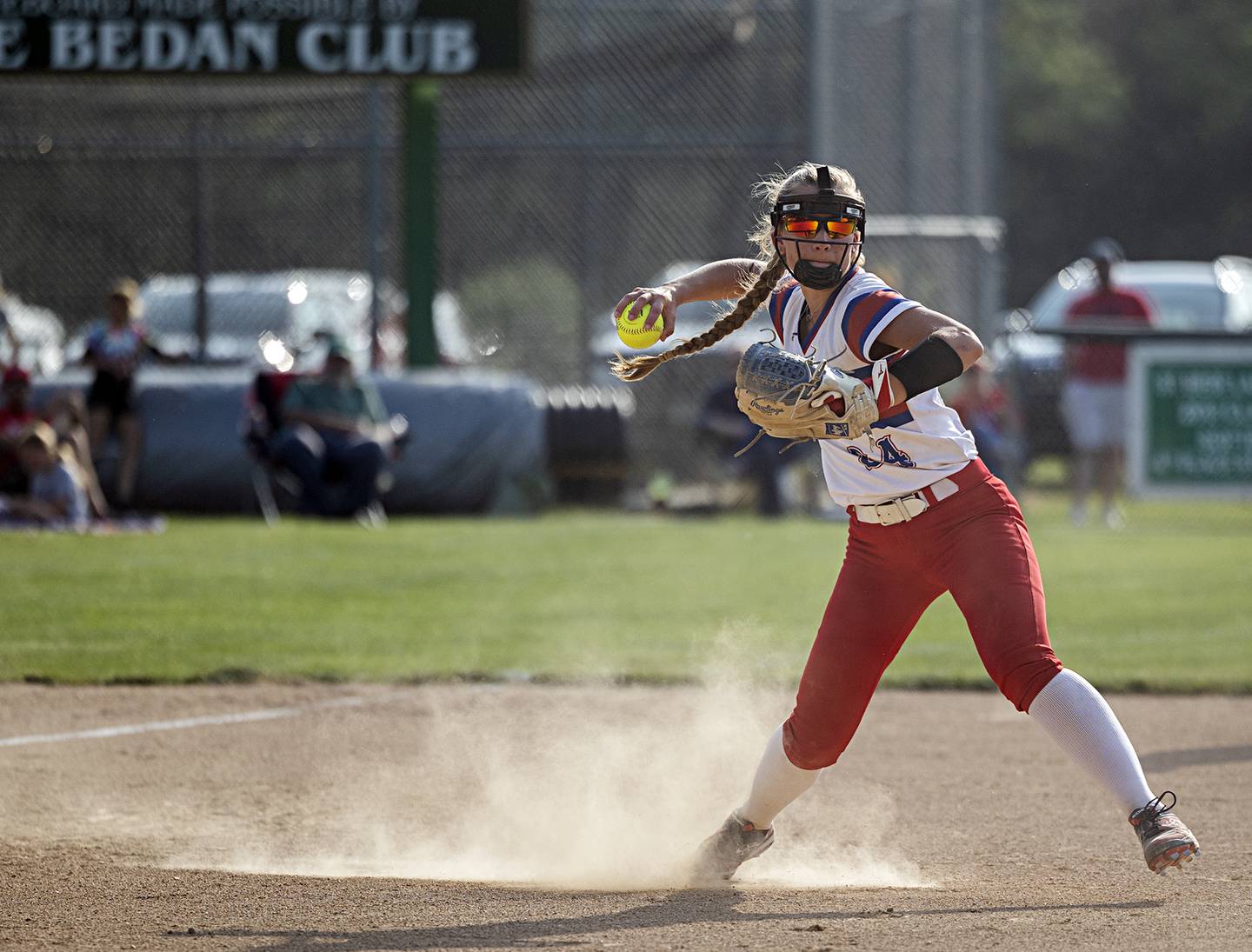 Morrison’s Marissa Folkers fires to first for an out against West Central Wednesday, May 24, 2023 during Class 1A sectional semifinal at St. Bede Academy.