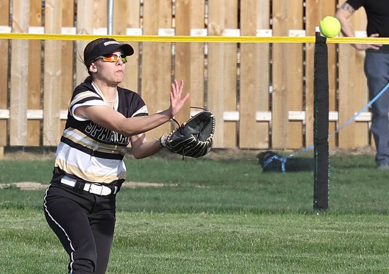 Sycamore's Bella Jacobs makes a running catch during their game against LaSalle-Peru Tuesday, April 11, 2023, at Sycamore High School.
