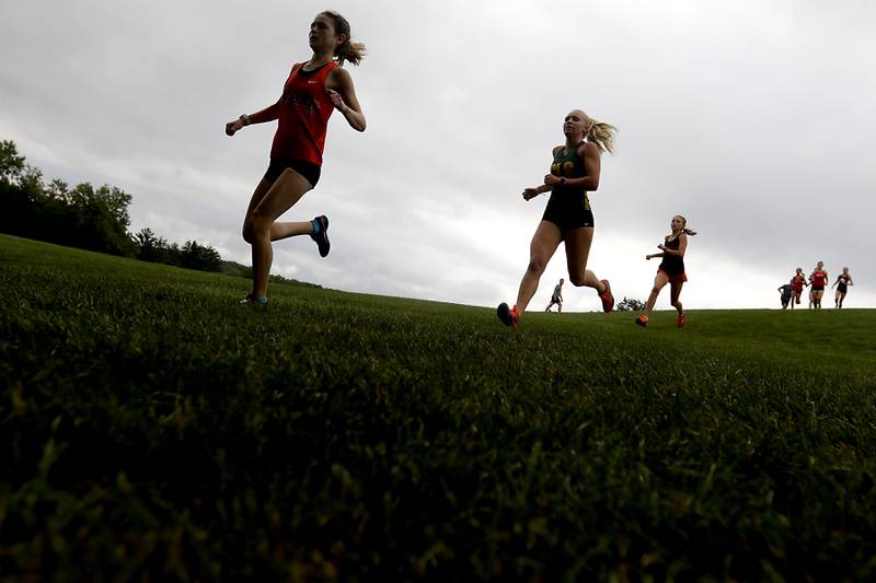 Runners navigate a hill during the girls race of the McHenry County Cross Country Meet Saturday, August 27, 2022, at Emricson Park in Woodstock.