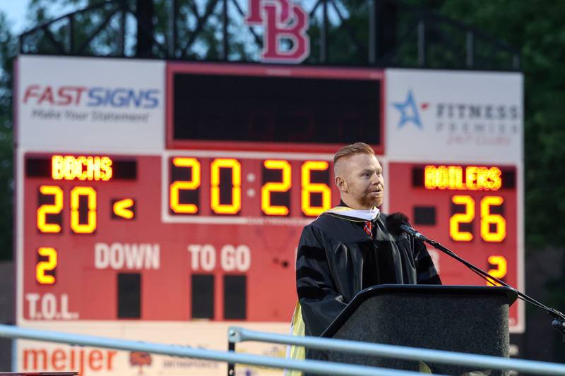 Principal Evan Tingley addresses the Class of 2026 during the Bradley-Bourbonnais Community High School commencement ceremony on Thursday, May 21, 2026.