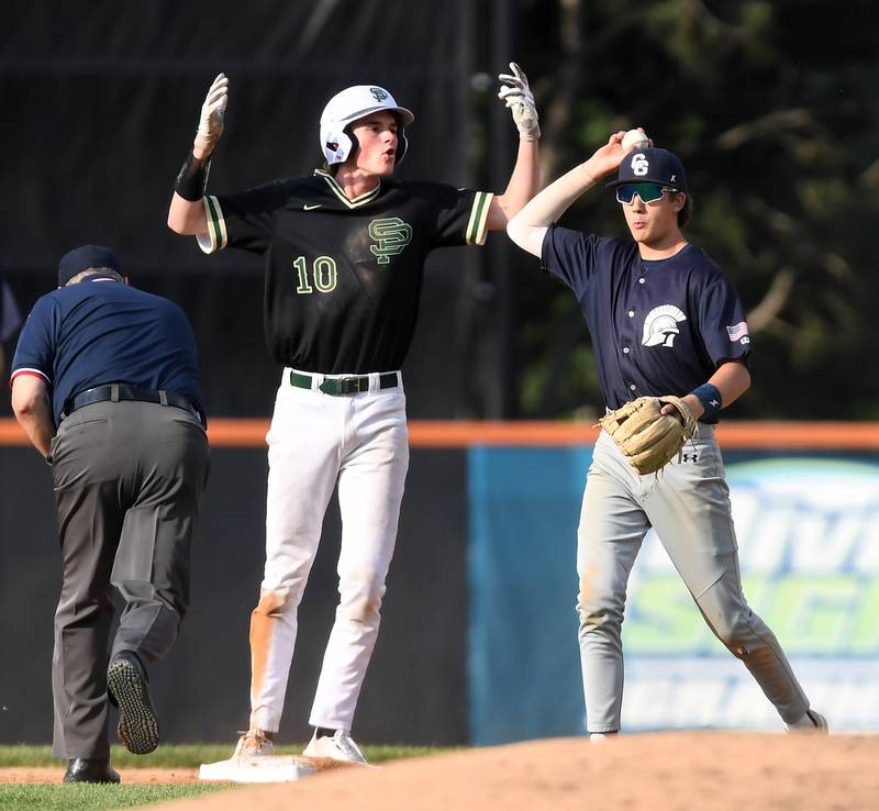 St. Patrick's Jason Gumiela reacts after getting tagged out at second base by Cary-Grove second baseman Ricky Barnes during the Class 3A supersectional baseball game at Wintrust Field on Monday, June 9, 2025 in Schaumburg.