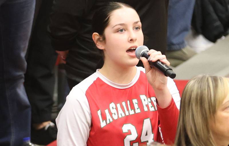 L-P's Paige Picco sings the National Anthem before the Class 3A Sectional semifinal game on Tuesday, Nov. 4, 2025 in Sellett Gymnasium at L-P High School.