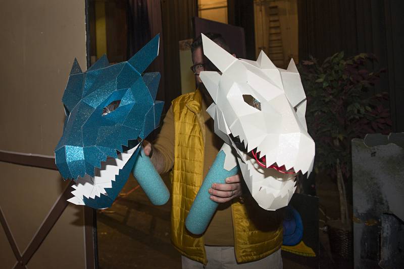 “She Kills Monsters” director Joplin James shows off some of the props which will be used in the fantasy play this weekend at Morrison High School.