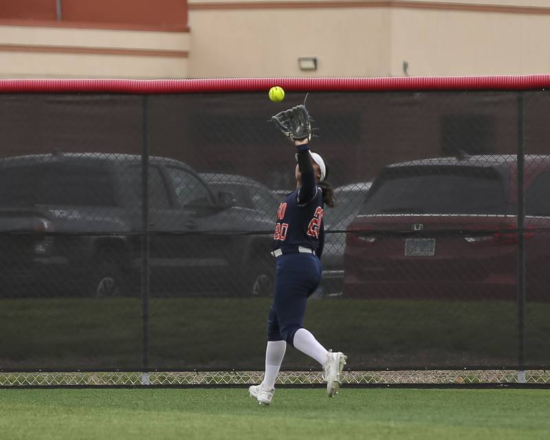 Oswego's Jaelynn Anthony (20) catches a deep fly ball to center right during softball game between Oswego at Yorkville. May 5, 2026 in Yorkville.