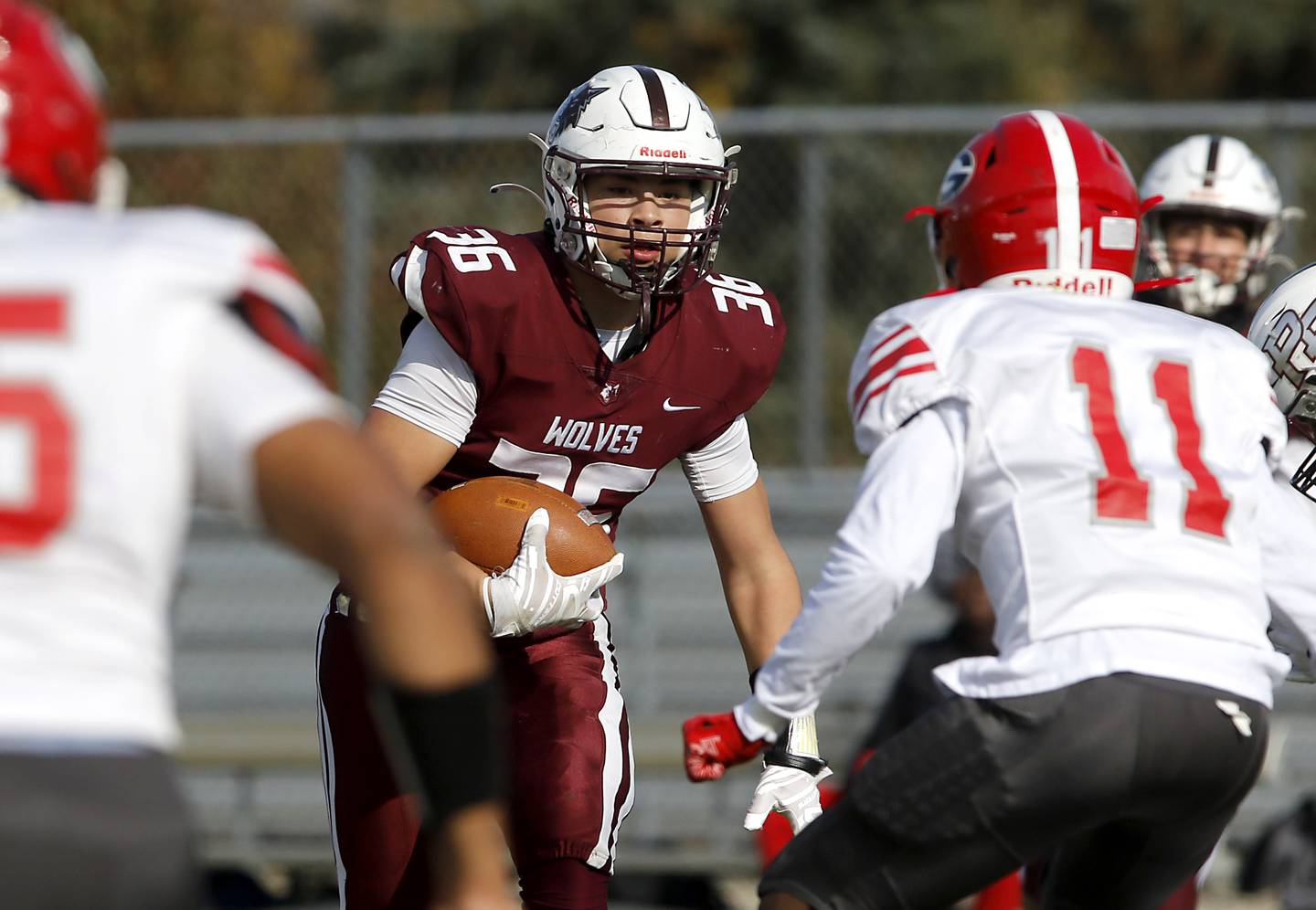 Prairie Ridge's Giovanni Creatore returns an interception during an IHSA Class 5A first-round football game against Chicago Goode on Saturday, Nov. 2, 2024, at Prairie Ridge High School in Crystal Lake.