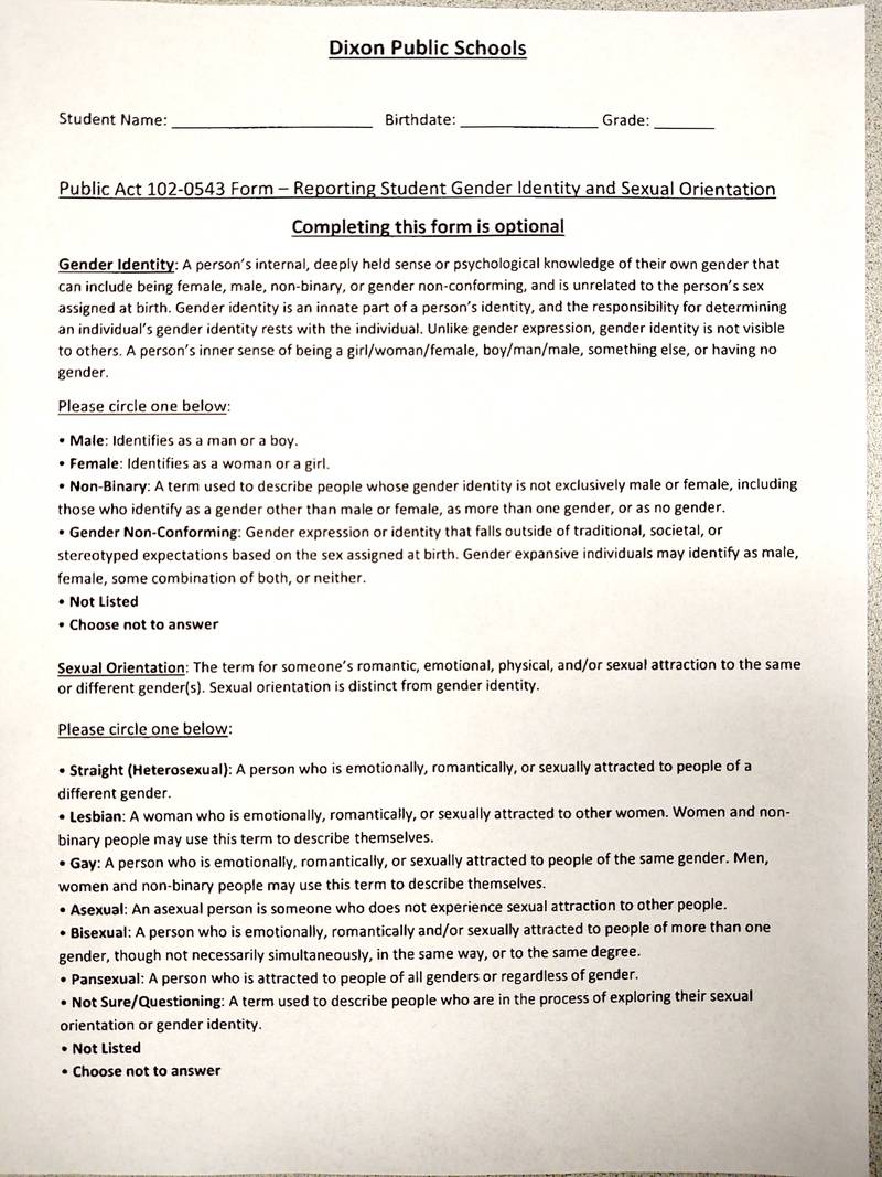 This is a copy of the gender identification and sexual orientation form Dixon Public Schools will provide for the 2022-23 school year registration. Disclosure is optional, Superintendent Margo Empen told members of the board of education at its regular February meeting. The forms were updated on Feb. 2 to comply with Public Act 102-0543.