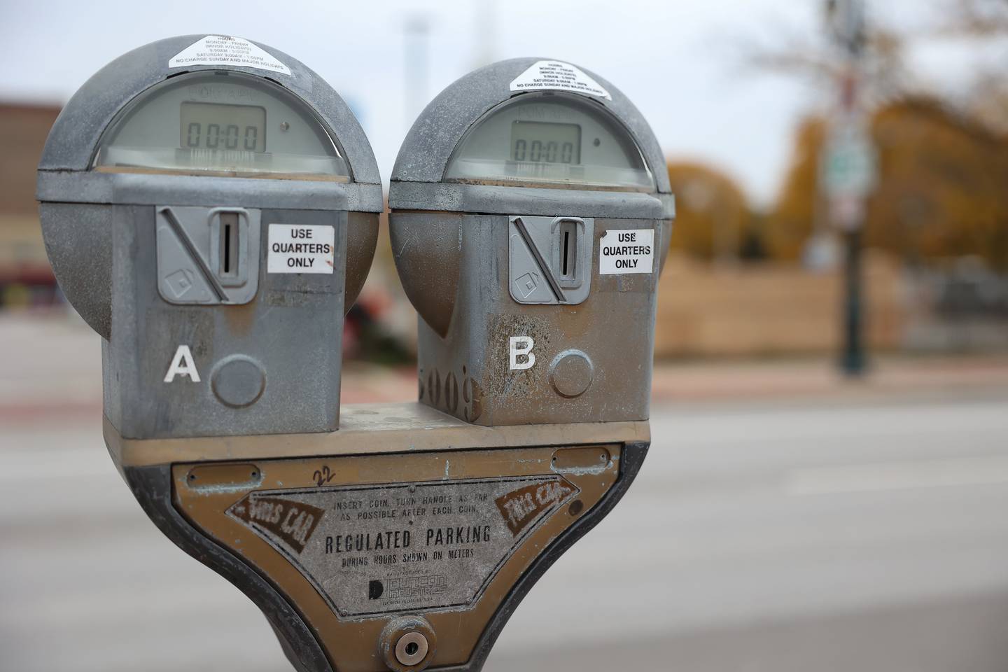 An old style parking meter sits along West Jefferson Street in Downtown Joliet on Wednesday, Oct. 25, 2023.