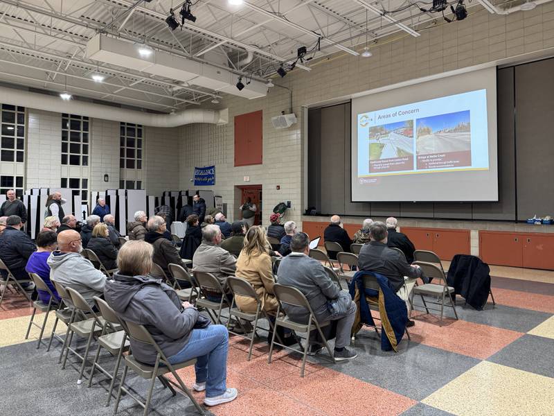 Morris residents and interested parties observe a presentation on the proposed changes to US Route 6 from Ashton Road to Illinois Route 47.