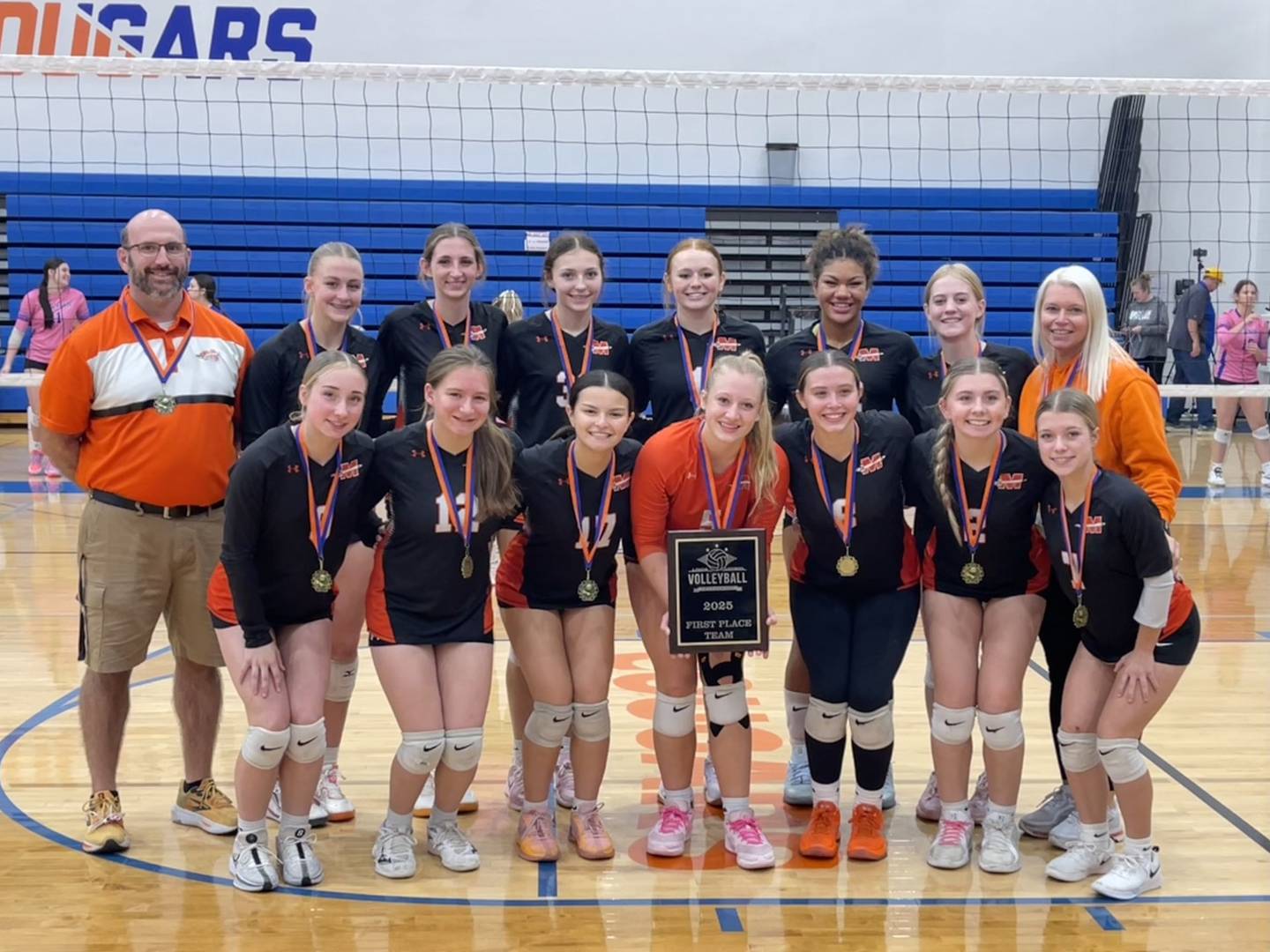The Milledgeville volleyball team is pictured after winning Eastland's Linda Ludwig Memorial Tournament on Saturday, Oct. 19, 2025.