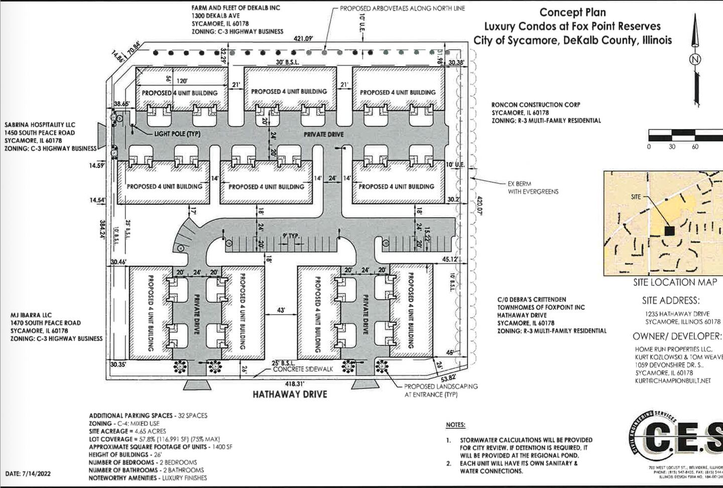 According to Sycamore city documents released ahead of a special Aug. 8, 2022 meeting of the city's Planning and Zoning Commission, developers Tom Weaver and Kurt Kozlowski, of Home Run Properties, want to build 10 four-unit townhome buildings – with 40 total two bedroom, two bathroom townhome units – at 1235 Hathaway Drive, in the residential neighborhoods behind Peace Road near Sycamore’s south side.