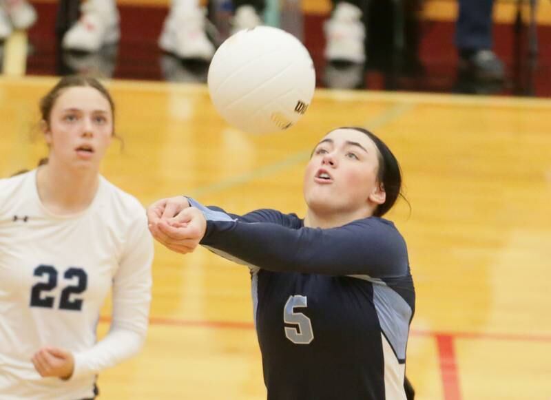 Bureau Valley's Keely Lawson hits the ball in the air as teammate Katelyn Stoller (22) looks on against Hall in the Class 2A Regional game on Monday, Oct. 24, 2022 at Hall High School in Spring Valley.